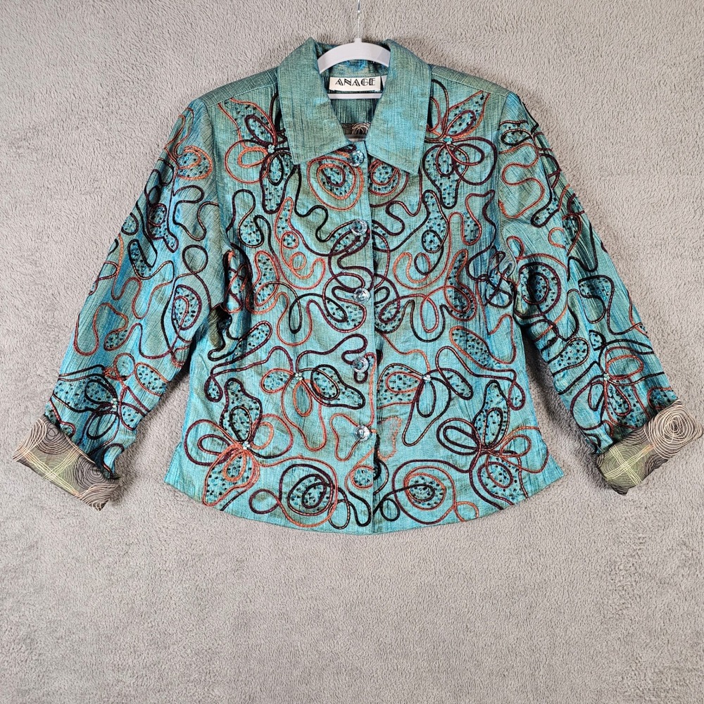 Anage Teal Beaded Soutache Embroidered Button Front Jacket Womens Small Art Wear